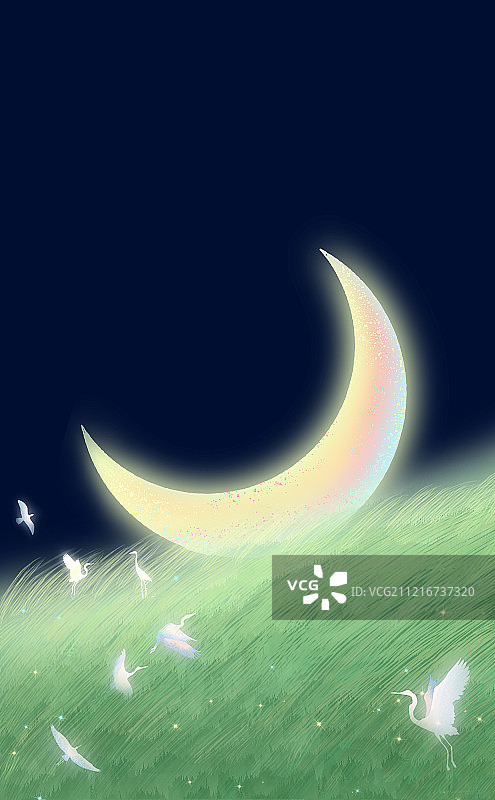 夏天的夜晚，一轮发光的月亮躺在绿色草坪山坡上插画背景海报图片素材