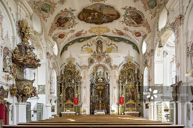 玛丽亚希尔夫朝圣教堂，中殿，室内洛可可，克洛斯特勒奇菲尔德，斯瓦比亚，德国，欧洲巴伐利亚图片素材