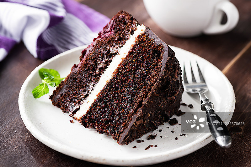 盘子里的一片黑巧克力蛋糕图片素材