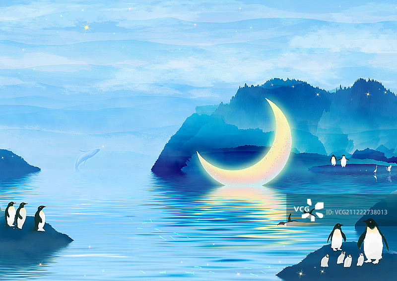 夏天夜晚星空下，一轮月亮静静地躺在海岛礁石上发出光茫，企鹅在图片素材