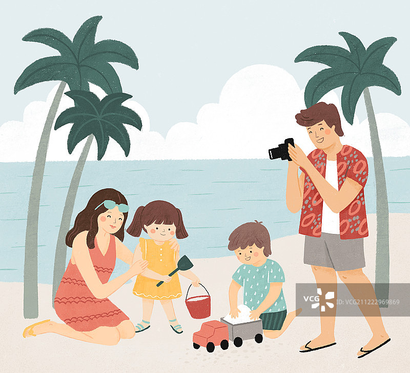 海滨家庭亲子度假玩耍插画图片素材