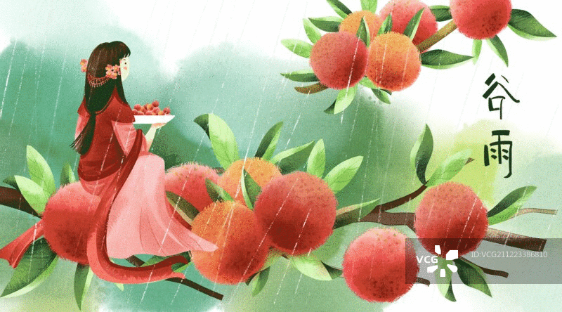 水彩风格古风娃娃与植物二十四节气谷雨插画动图图片素材
