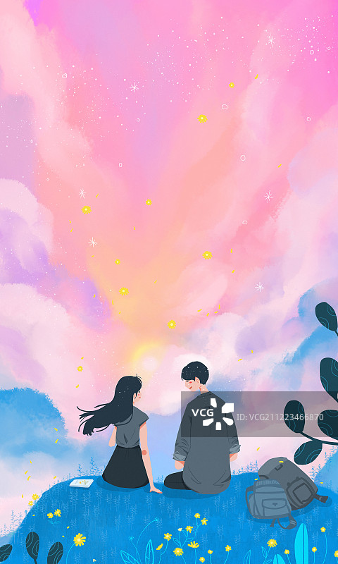 粉色天空下的情侣创意手绘插画图片素材