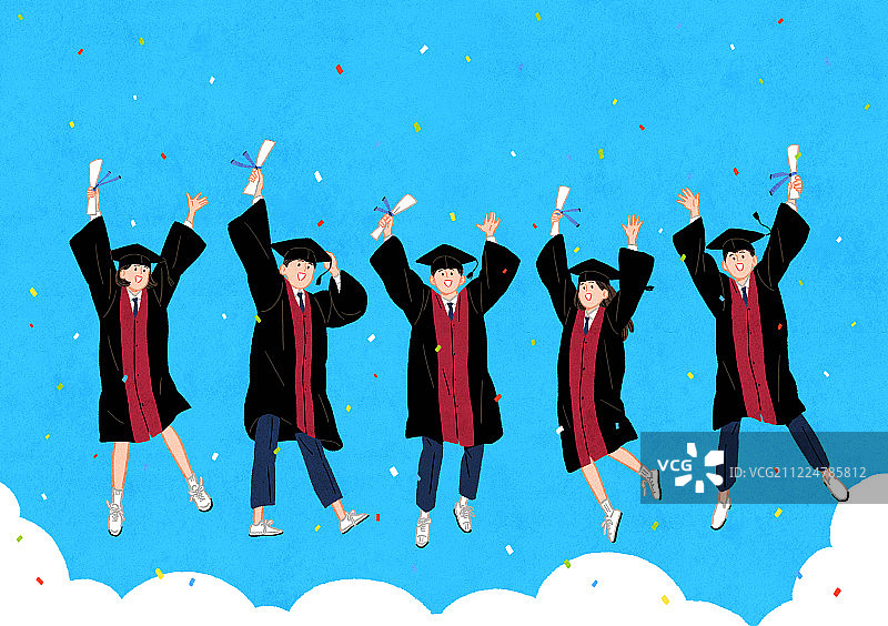 学生、高中、毕业、欢乐、毕业礼服、毕业帽、五彩纸屑、跳跃、毕业证书、云朵、天空、朋友、庆祝图片素材