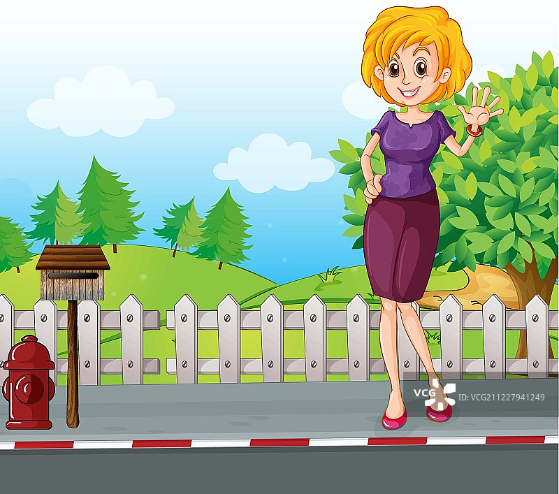 一个女人站在马路上的木信箱旁边图片素材