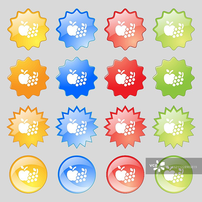 水果网页图标标志。大套16个彩色现代钮扣为您的设计。向量图片素材