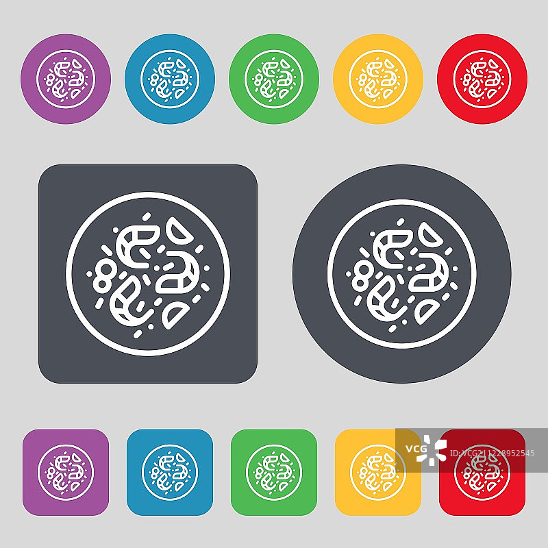 细菌图标符号。一套12个颜色的按钮。平面设计。向量图片素材
