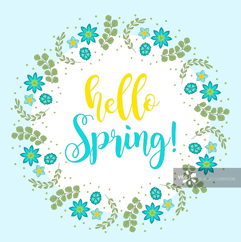 你好春天花框架文本，孤立在白色背景。Spring模板为您的设计，卡片，邀请，海报。矢量插图。图片素材