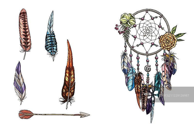 手绘华丽的捕梦网与羽毛，宝石和箭。卡片有艺术、占星术、灵性、魔术符号。少数民族部落元素图片素材