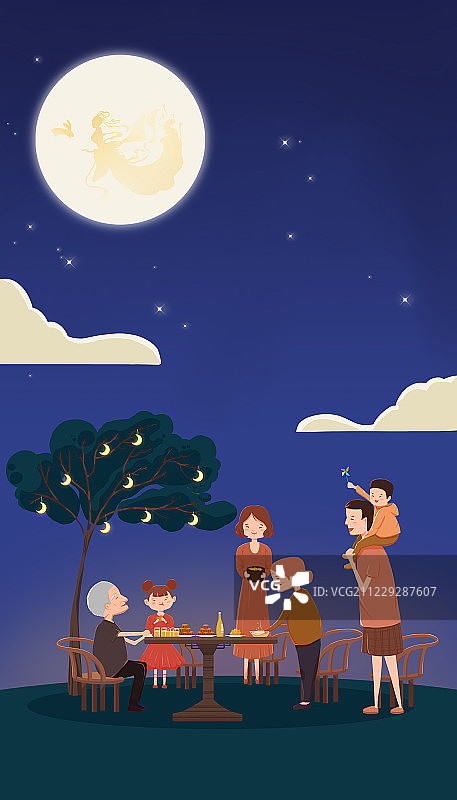 中秋节的夜晚一家人团圆赏月吃月饼插画图片素材