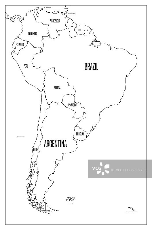 南美的政治地图。简单的平面矢量轮廓图图片素材