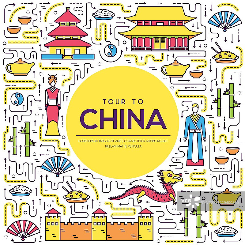 中国旅游度假指南的商品、地点和特色。集建筑、时尚、人、物、自然为背景的理念。信息图传统民族平面、轮廓、细线图标图片素材