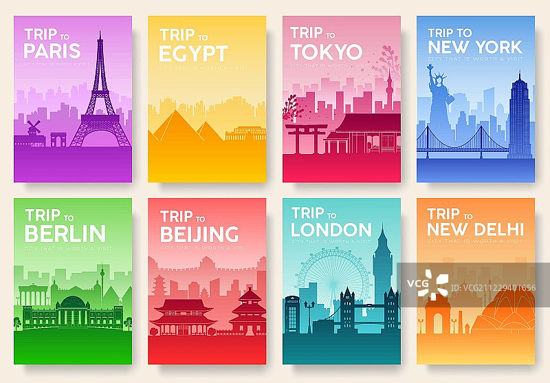 旅游信息卡片。景观模板的飞行年，杂志，海报，书封面，横幅。国家英国，中国，德国，印度，日本，美国，法国和埃及设置。城市布局的页面图片素材