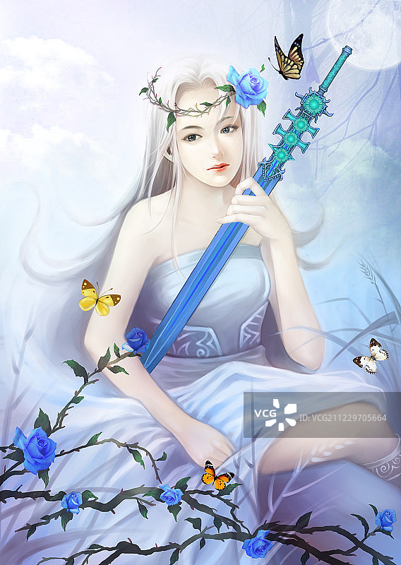 手持蓝色宝剑头戴蓝色玫瑰花环的古装少女图片素材