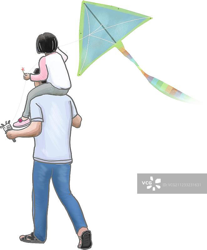 背着小女孩放风筝的父亲图片素材