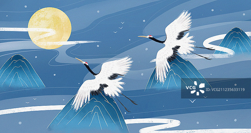 两只白鹤飞翔在天空手绘中国风插画图片素材