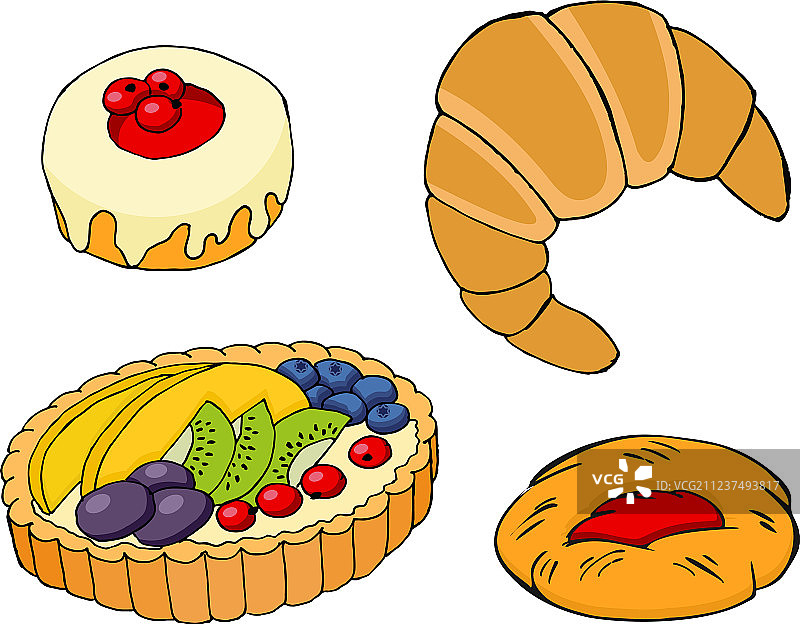 酥皮羊角面包，水果挞，百吉饼和果酱图片素材