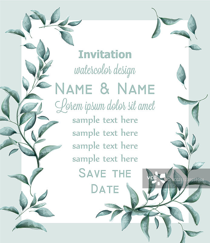 邀请卡与绿色的树枝水彩图片素材