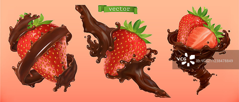 草莓和巧克力喷溅3d逼真图片素材