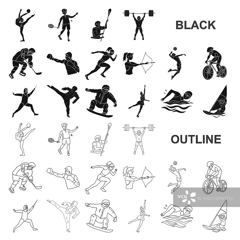 不同类型的运动黑色图标设置图片素材