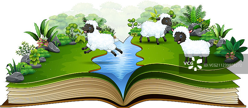 打开书和一群羊在河边玩耍图片素材
