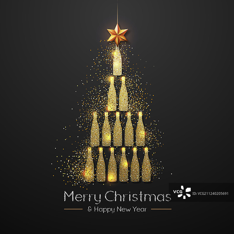 有金色香槟酒瓶的圣诞海报图片素材