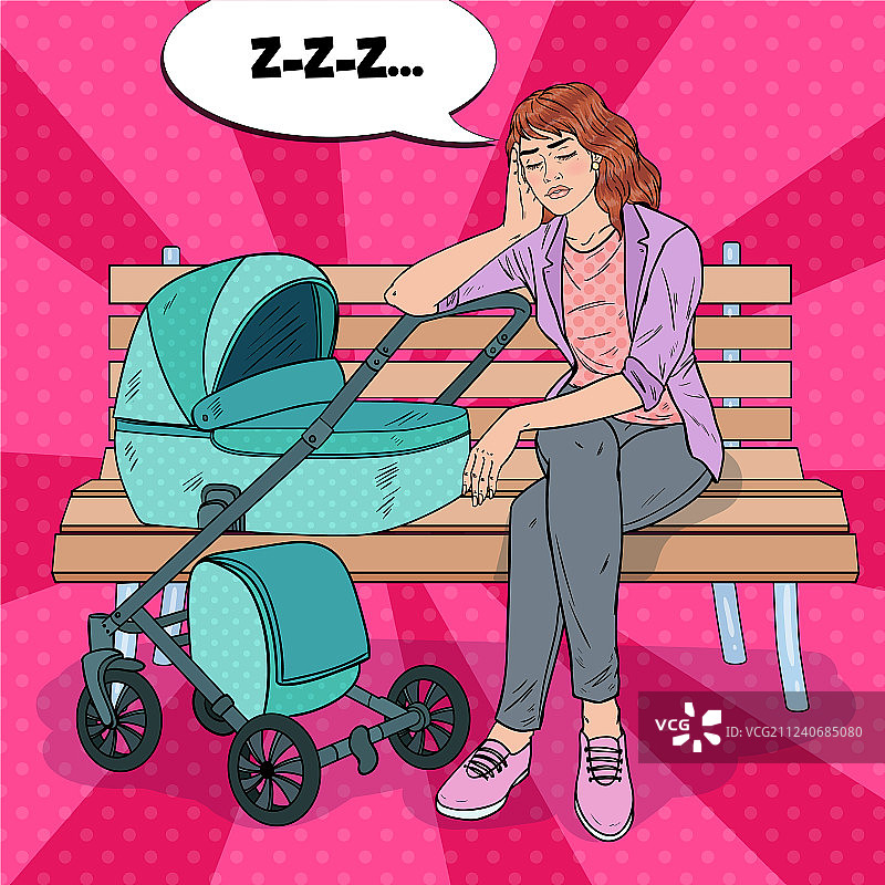 波普艺术失眠的年轻母亲与婴儿推车图片素材