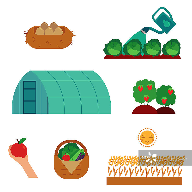 农场和园艺场景设置在平面卡通图片素材