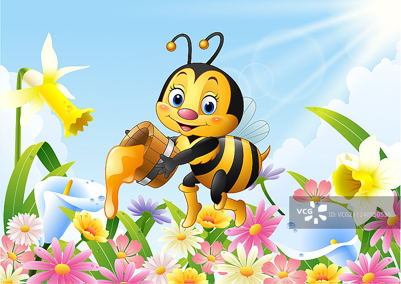 卡通蜜蜂拿着蜂蜜桶和花背图片素材
