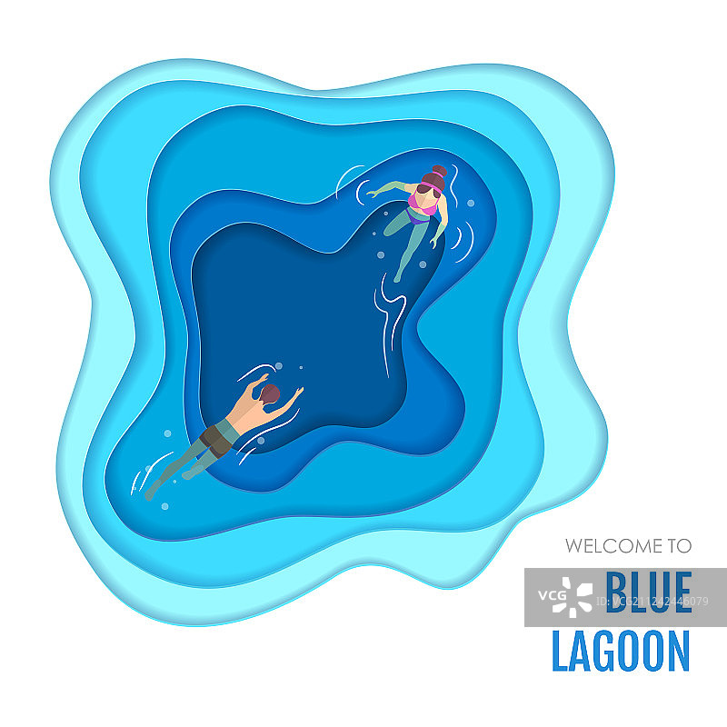 蓝色的泻湖与游泳的人剪纸设计图片素材