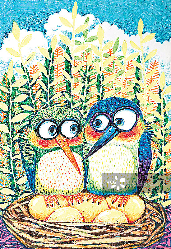 油画棒插画-两只守在鸟窝的鸟图片素材