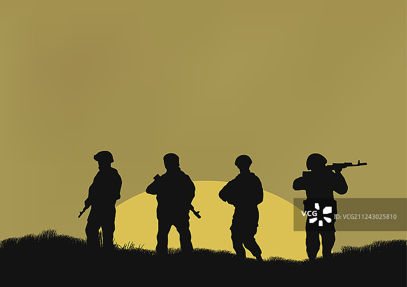 四个士兵在一个太阳的背景上图片素材