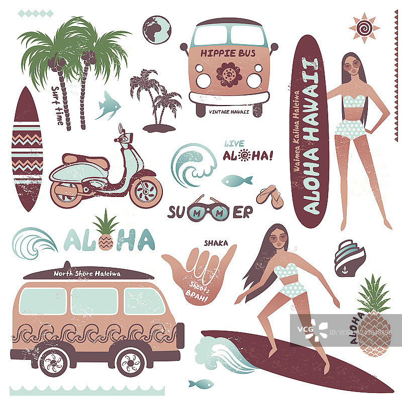 一套复古风格的夏威夷夏季图标冲浪图片素材