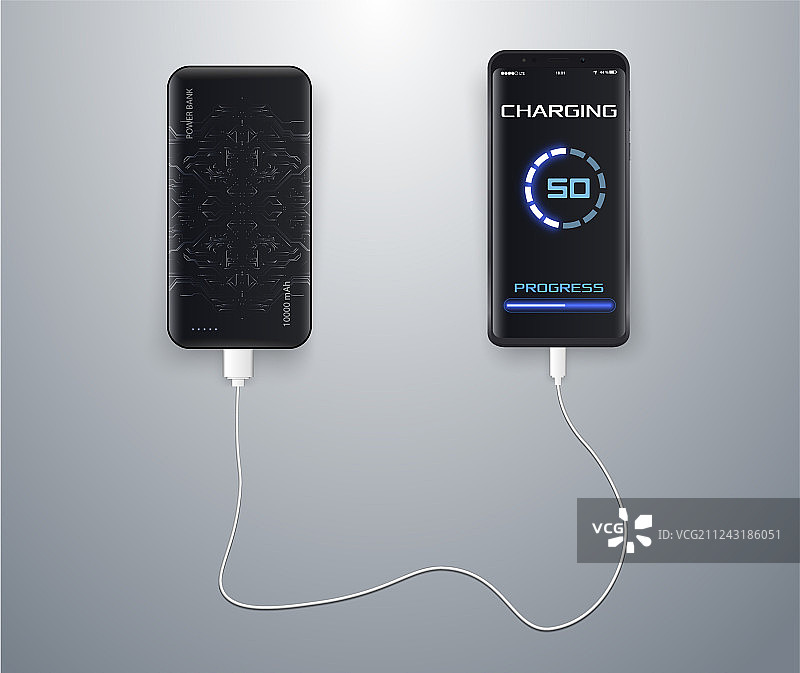 Powerbank正在给黑色智能手机充电图片素材