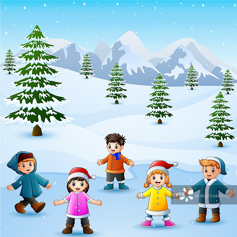 快乐的孩子在雪山里玩耍图片素材