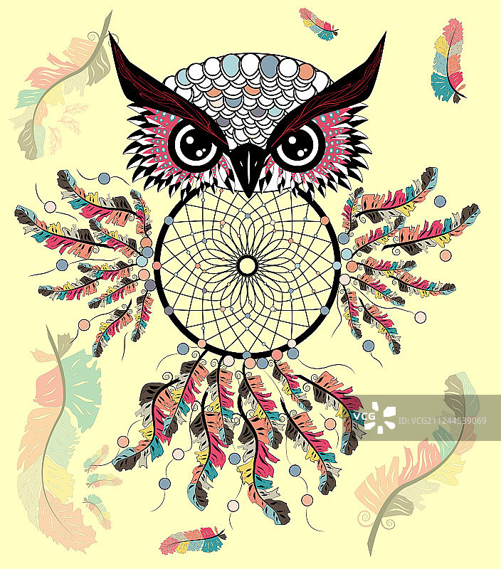 艺术猫头鹰与捕梦网图形艺术图片素材