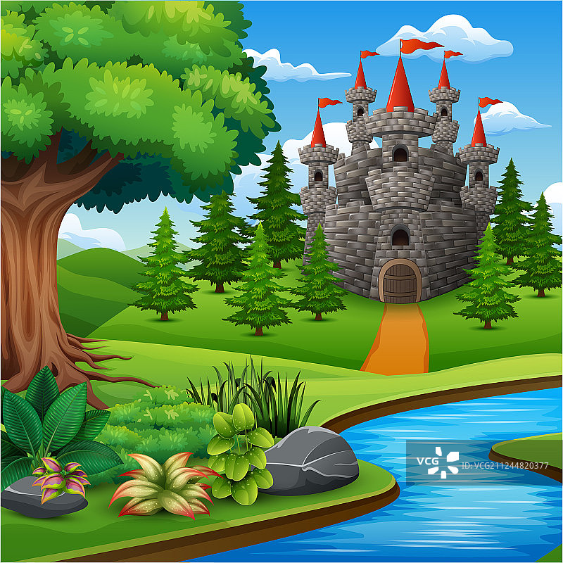 卡通城堡上的山景图片素材