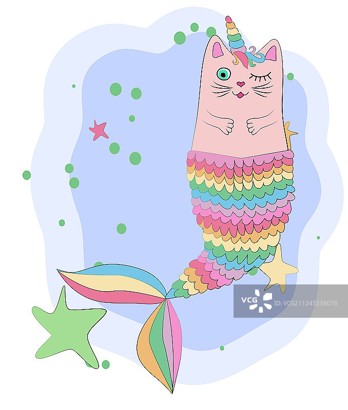 有美人鱼尾巴的猫独角兽，颜色是图片素材