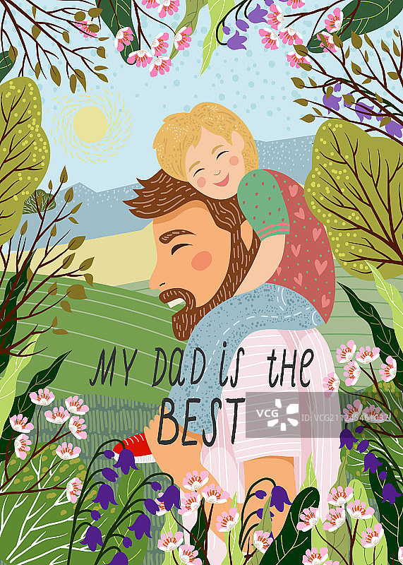 手绘画爸爸和孩子坐在一起图片素材