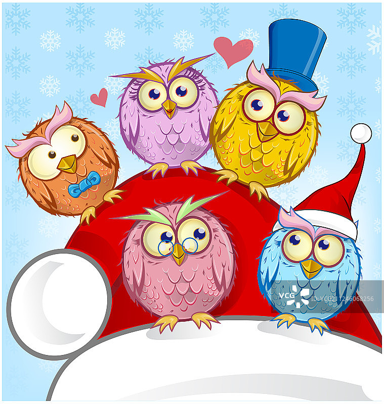 祝福圣诞卡片五只猫头鹰在蓝色图片素材