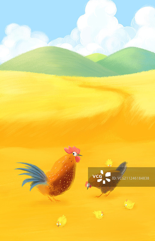 二十四节气秋季立秋丰收公鸡母鸡小鸡插画图片素材