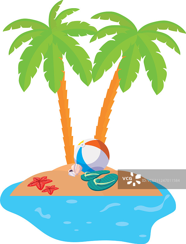 夏日的海岸线上有棕榈树和气球玩具图片素材