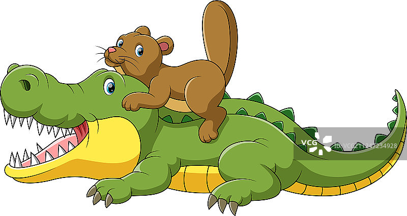 快乐的鳄鱼和可爱的海狸卡通图片素材