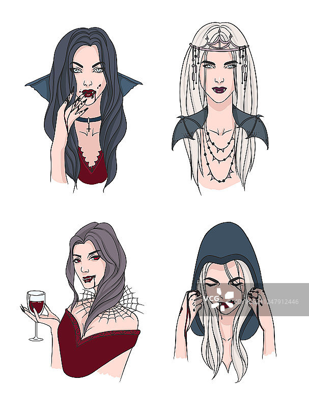 一组各种各样的吸血鬼女孩长着尖牙的女人图片素材