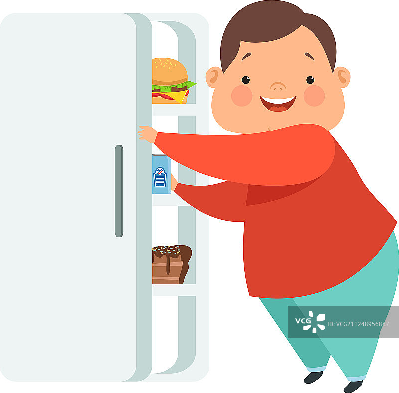 超重的男孩打开冰箱和垃圾食品可爱图片素材