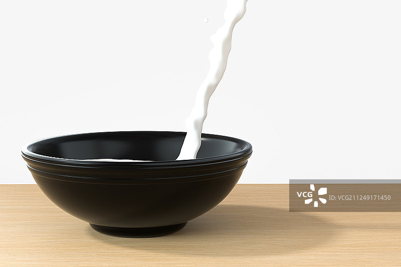 桌面上的一碗牛奶与正在倾倒的液体，三维渲染图片素材