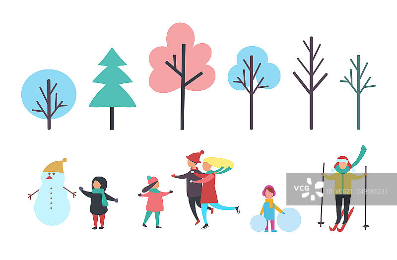 冬天的孩子和雪人家庭和树图片素材