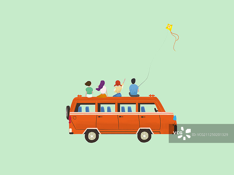 在橙色房车上坐着四个人 旅行插画元素图片素材