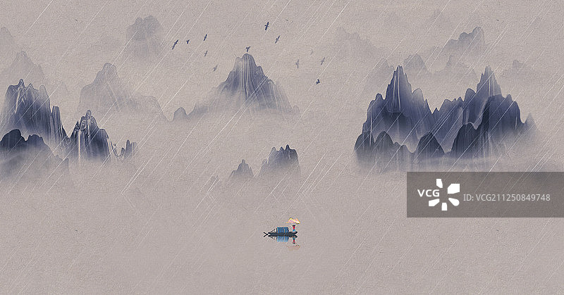 手绘中国风意境水墨山水风景画图片素材