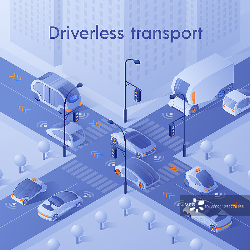 智能汽车在城市十字路口的交通中行驶图片素材
